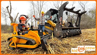 Clearing rotten trees with kids ride on bulldozer and forestry skid steer Educational  Kid Crew [upl. by Zawde]