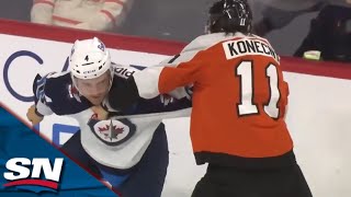 Flyers Travis Konency Drops The Gloves With Jets Neals Pionk And Exchange Blows In Heated Tilt [upl. by Abernon]