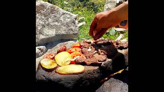 Grilled Meat On Rock Stone AmsrCooke OutdoorCamp SurvivalSkills RelaxingSoundsNatures Shorts [upl. by Beetner]