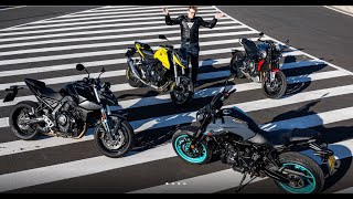 Middleweight nakedbike test Honda Hornet vs Suzuki GSX8S vs Yamaha MT07 vs Triumph Trident [upl. by Remos707]