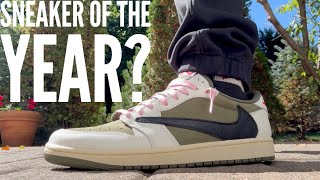 SNEAKER OF THE YEAR Travis Scott Air Jordan 1 Low Medium Review  On Feet [upl. by Lenehc]