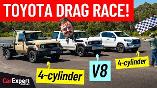 Drag race V8 LandCruiser 70 v 4cyl LandCruiser 70 v 4cyl HiLux roll race and 14 mile times [upl. by Leanora]