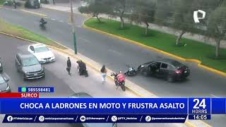 Surco Conductor choca a ladrones en moto y frustra asalto [upl. by Katinka]