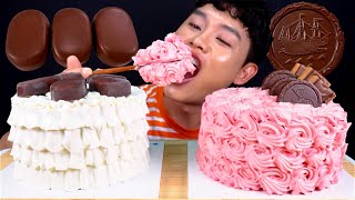 ASMR 생크림 폭탄 케이크 핑크생크림 티코 빈츠 트윅스 초콜릿 먹방 Pink Fresh Cream Cake With Chocolate Ice Cream MuKBang [upl. by Jaala]