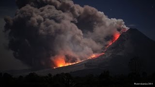 Pyroclastic flows and close up of collapsing lava lobe at night Sinabung Volcano Indonesia [upl. by Arleyne244]