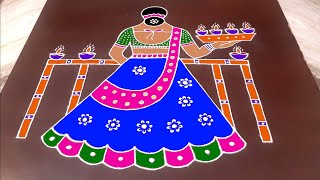 Woman Rangoli 10X4 Dots  Karthigai deepam special muggulu  Pongal kolam  Pulli kolam [upl. by Tobit]