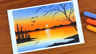 Simple Oil pastel Sunset Landscape Painting for beginners  Oil Pastel Drawing [upl. by Coombs]