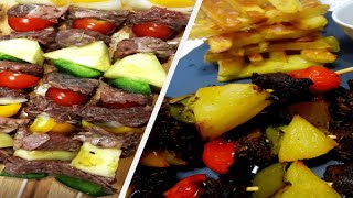 UNE RECETTE  BROCHETTES DE BOEUF AUX ANANAS ET DES FRITES AU FOUR [upl. by Charo]