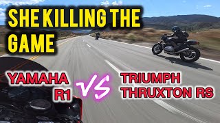 SHE IS KILLING THE GAME 🔥🔥 Yamaha R1 vs Triumph Thruxton RS  ULTRA 4K CINEMATIC [upl. by Eisned]