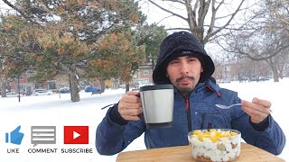 OUTSIDE SNOWY VANILLA MANGO PEAR DESSERT WINTER MUKBANG EATING SHOW [upl. by Tiffy]