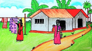 How to draw village scenery with working women  Indian village drawing  Prakritik drishya drawing [upl. by Shiekh689]