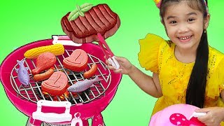 Hana Pretend Play w BBQ Restaurant Store Kids Food Toys [upl. by Aloise]