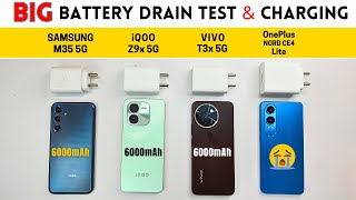 5G BATTERY Drain amp Charging Test 🔋 SAMSUNG M35 5G vs iQOO Z9 vs VIVO T3x vs OnePlus Nord CE 4 Lite [upl. by Ynnig]