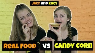 Real Food vs Candy Corn Challenge  Jacy and Kacy [upl. by Elleinaj163]