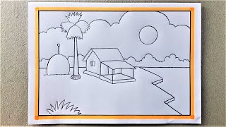 Village Scenery Drawing with Painting 🧡🧡🧡 Bangla VoiceTutorial [upl. by Larner]