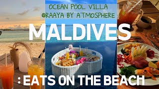 Maldives Beach Villa EAT food 🍽 ASMR at Raaya by atmosphere Honeymoon Travel 4k vlog 🏖🏝 [upl. by Eerahc701]