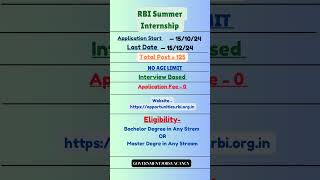 RBI SUMMER INTERNSHIP 2024 rbiinternship bankjobs rbibank [upl. by Sykes419]