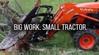 101 Grapple work with the Kubota B2601 Land Pride SGC0660 Grapple and FDR1660 Finish Mower [upl. by Elaweda328]