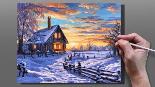 Acrylic Painting Snowy Path Sunset  Correa Art [upl. by Nwahsuq559]