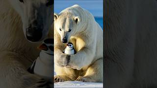 A caring mum polar bear takes care of a penguin cub as her cub [upl. by Anitsim]