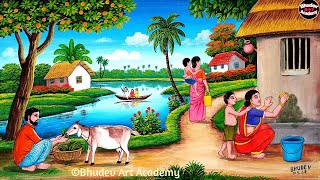 Beautiful Village Landscape Scenery Painting Indian Village Scenery Painting With EarthWatercolor [upl. by Selinda]