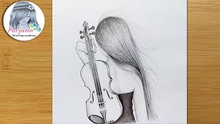 Very easy way to draw a girl with violin  Pencil sketch for beginners  Easy Drawing Technique [upl. by Chic]