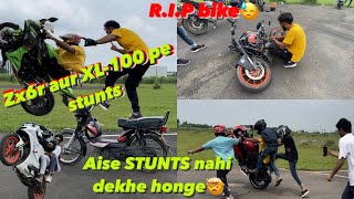 Brazilian wheelie😍  slow race on bikes 🏁  RIP my bike😓  Kawasaki zx6r  how to wheelie vlog [upl. by Larimer]