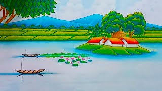 How to Draw Simple Village Scenery Drawing Prakritik Drishya  Beautiful Landscape Village Drawing [upl. by Ellyn194]