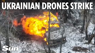 Ukrainian kamikaze drones blow up fleeing Russian camouflaged vehicle [upl. by Dietz]