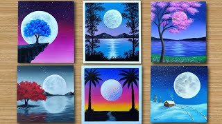 Full Moon  6 Easy Moonlight scenery painting for Beginners  Acrylic Painting [upl. by Crenshaw]