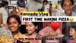 First Time Making Pizza🍕😂My Mom Will Decide the winner Kannada Vlog kannada kannadavlogs pizza [upl. by Riddle]