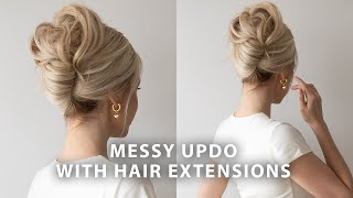 Messy Updo Hairstyle with Halo Hair Extensions ✨ Medium  Long Hair Tutorial [upl. by Aimahs400]