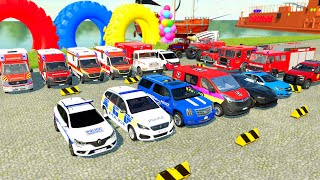 TRANSPORTING ALL POLICE CARS AMBULANCE FIRE TRUCK MONSTER TRUCK COLORFUL CARS WITH TRUCK FS22 [upl. by Lebatsirc]