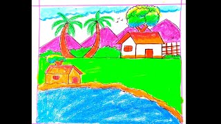 How to draw village scenery with watercolour গ্রামের দৃশ্য আঁকা gramer chobi aka [upl. by Orianna772]