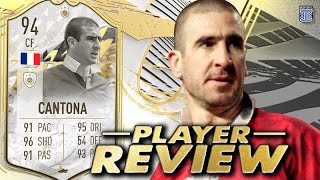 94 PRIME ICON MOMENTS CANTONA PLAYER REVIEW  SBC PLAYER  FIFA 22 ULTIMATE TEAM [upl. by Brinn]