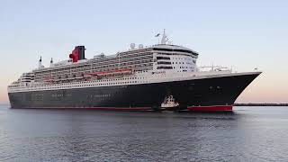 Queen Mary 2 cruise ship and tug proceeding along the channel Outer Harbor Adelaide Australia [upl. by Treiber]