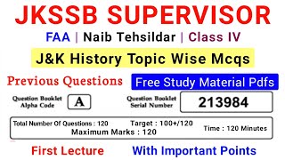 JKSSB SupervisorNaib Tehsildar Class Iv Posts History Important Questions  JampK History Mcqs Part1 [upl. by Ojeitak]