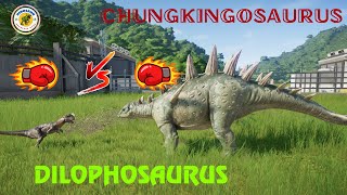 Epic battles  DILOPHOSAURUSJURASSIC WORLD EVOLUTIONJURASSIC PARKCHUNGKINGOSAURUSVELOCIRAPTOR [upl. by Nylde]