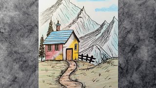 Landscape Scenery Drawing  Colored Pencils and Ink Pencil Sketch  House Mountains Pine Trees [upl. by Esej]