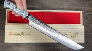 Takeshi Saji R2 Diamond Finish Damascus SakimaruSlicerSujihiki 240mm with White Turquoise Handle [upl. by Guido]