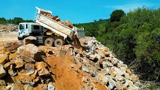 Amazing Land Filling On The Mountain 15T Trucks Unloading Rocks amp Bulldozer D41P Pushing Big Rocks [upl. by Attaynik]