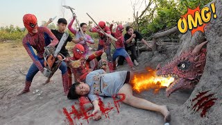 The brave SpiderMan squad uses chainsaws destroy the ferocious fire dragon to save the crazy girl [upl. by Cele]