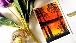 Oil pastel landscape drawing easy landscape paintingoil pastel sunset painting [upl. by Werdma]