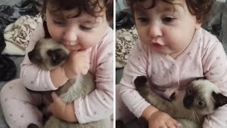 Adorable toddler cuddles with impressively tolerant cat [upl. by Irahc]