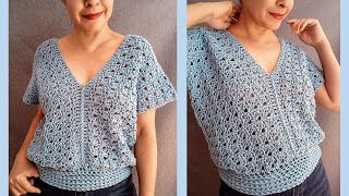 Blusa a crochet con cuello en V para mujer ¡SÚPER FÁCIL y paso a paso [upl. by Aikyt]