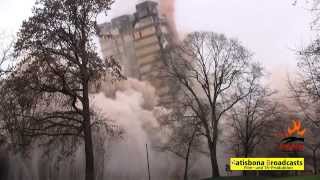 Europes largest controlled demolition CLOSEST camera angle on 380 ft university tower blasting [upl. by Eelidnarb]