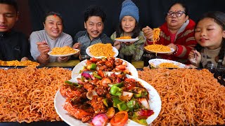 20 current noodles with chilly chicken family mukbang himalifamily [upl. by Pate]