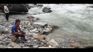 ANGLING WITH BAMBOO STICK  hook and rod fishing  अल्छिलाई बल्छी । [upl. by Hermes101]