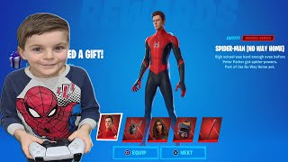 TRUMAnn Giving My 8 Year Old Kid NEW SPIDERMAN No Way Home Unlocking Marvel Fortnite Skin Bundle [upl. by Manolo]