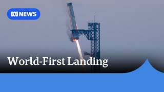 SpaceX performs world’s first catchlanding of rocket booster with ’chopsticks’  ABC News [upl. by Bellaude279]